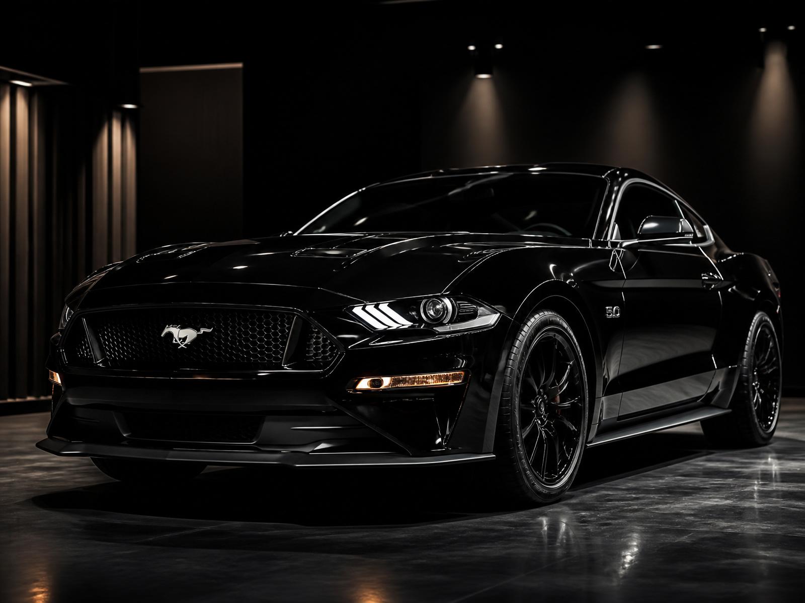 Freshly detailed black Mustang with a mirror-gloss finish in a dark studio